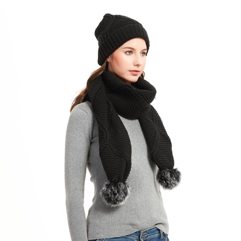 Damen Winter Strickmütze Und Schal Mit Kunstfell Bommel Acryl Warm Dick Einfarbig Outdoor Halswärmer Beanie