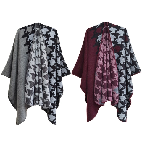 Poncho Châle Femme Pied De Poule Jacquard Ouvert Devant Color Block Épais Chaud Acrylique Cape Hiver Automne