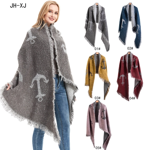 Anchor Pattern Winter Scarf For Women Thick Warm Large Polyester Shawl Wrap With Tassels Fashion Nautical Style