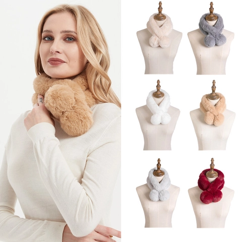 Women Winter Faux Fur Neck Scarf Soft Warm Polyester Solid Color Cross Scarf With Double Pom-poms Plush Furry Neck Warmer