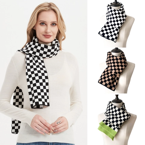 Sciarpa In Maglia A Scacchi Scaldacollo Invernale Caldo Morbido Acrilico Spesso Motivo Geometrico Accessori Moda Per Uomo Donna