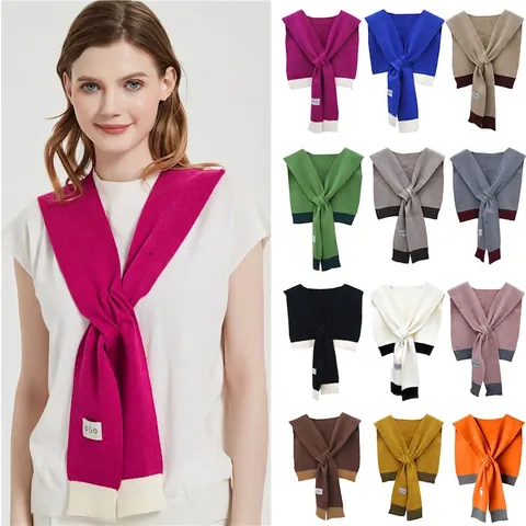 Women Knitted Fake Collar Shawl Scarf Core Spun Yarn Contrast Color Patchwork Tie Front Fashion Layering Accessory