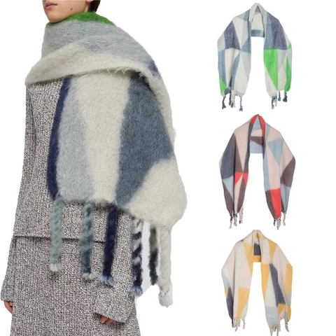 Geometric Color Block Knit Winter Scarf Long Tassel Thickened Warm Boucle Yarn Shawl For Women Men