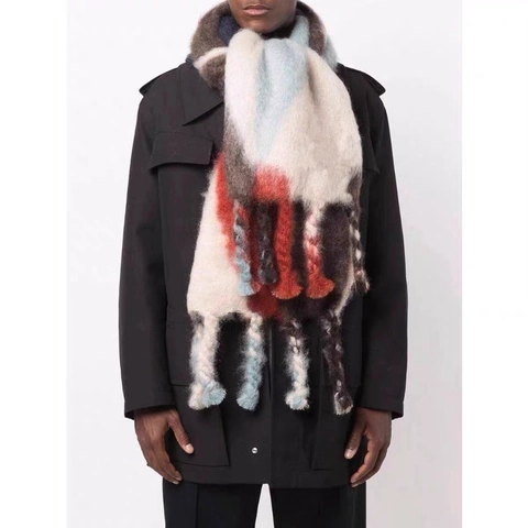 Geometric Color Block Knit Winter Scarf Long Tassel Thickened Warm Boucle Yarn Shawl For Women Men