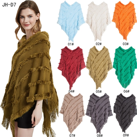 Women Knitted Poncho Shawl Acrylic Plush Striped V Neck Tassels Fringe Solid Color Winter Warm Wrap