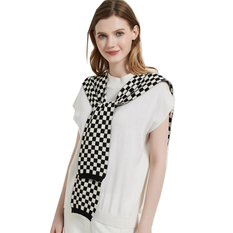 Women Knitted Shawl Fake Collar Checkerboard Solid Color Decorative Neck Shoulder Wrap Scarf