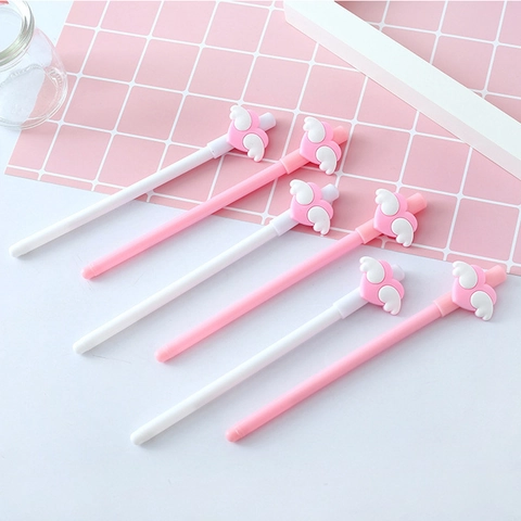 Kawaii Heart Wings Gel Pen Cute Pink White Plastic 0.5mm Black Ink Neutral Pen For Students Girls School Office Stationery Gift