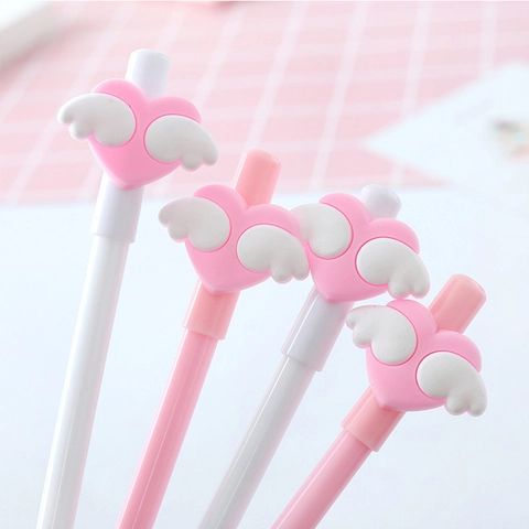 Kawaii Heart Wings Gel Pen Cute Pink White Plastic 0.5mm Black Ink Neutral Pen For Students Girls School Office Stationery Gift