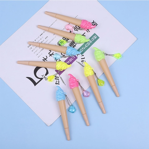 Cute Ice Cream Cone Shape Gel Pen Plastic Black Ink Stationery With Crystal Pendant Chain For Students School Office Prize