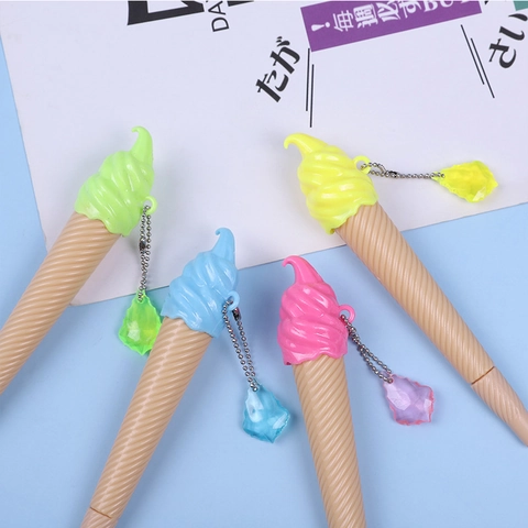 Cute Ice Cream Cone Shape Gel Pen Plastic Black Ink Stationery With Crystal Pendant Chain For Students School Office Prize