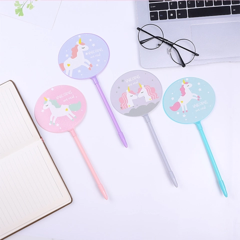 Creatieve Eenhoorn Ronde Schijf Fan Rollerball Pen Plastic Roestvrij Staal Zwarte Inkt Leuke Briefpapier Voor Student Kantoor