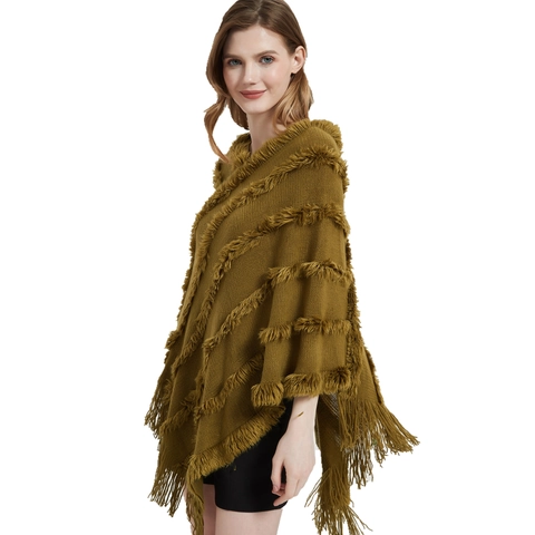 Women Knitted Poncho Shawl Acrylic Plush Striped V Neck Tassels Fringe Solid Color Winter Warm Wrap