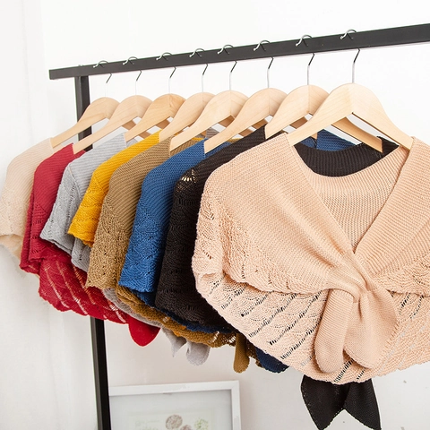 Women Korean Style Knitted Hollow Out Shawl Scarf Rayon Front Tie Decorative Fake Collar Shoulder Wrap For Daily Travel