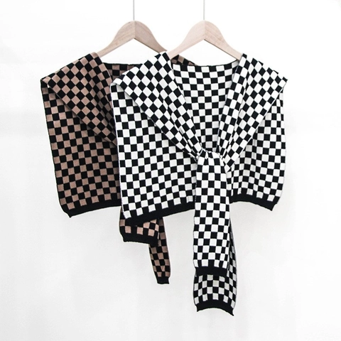 Women Knitted Checkerboard Shawl Fake Collar Tie Front Soft Decorative Wrap Around Neck Accessory Capelet