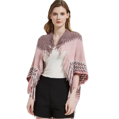 Poncho In Maglia Da Donna Scialle Acrilico Caldo Boemo Motivo Zigzag Frange Maniche A Pipistrello Inverno Autunno Avvolgere