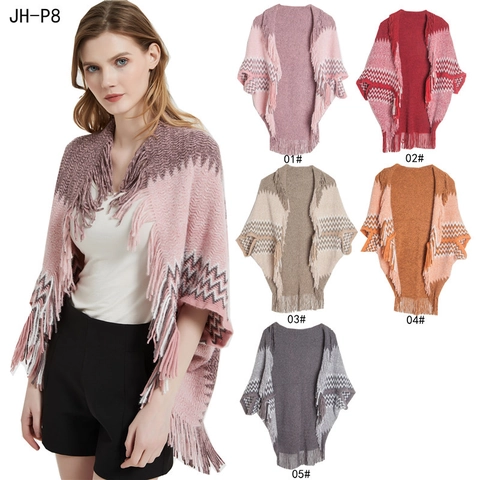 Poncho In Maglia Da Donna Scialle Acrilico Caldo Boemo Motivo Zigzag Frange Maniche A Pipistrello Inverno Autunno Avvolgere