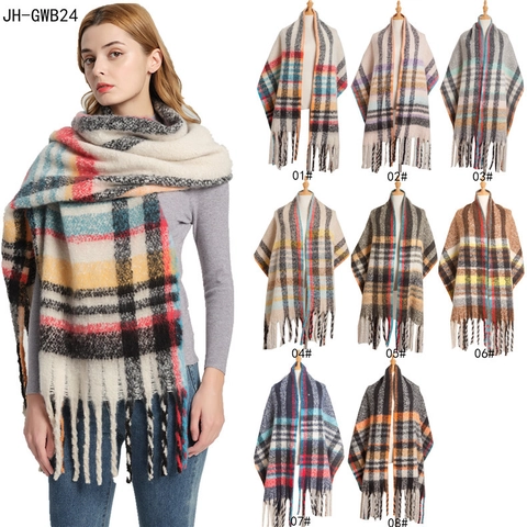 Winter Large Plaid Scarf Shawl For Women Thick Polyester Slub Yarn Warm Tassel Fringe Classic Oversized