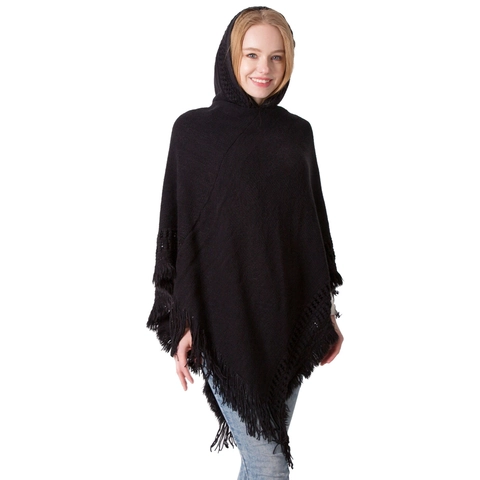 Women's Knit Hooded Poncho Cape Solid Color Fringe Tassel Shawl Wrap Hollow Out Warm Acrylic Winter Cardigan Outerwear