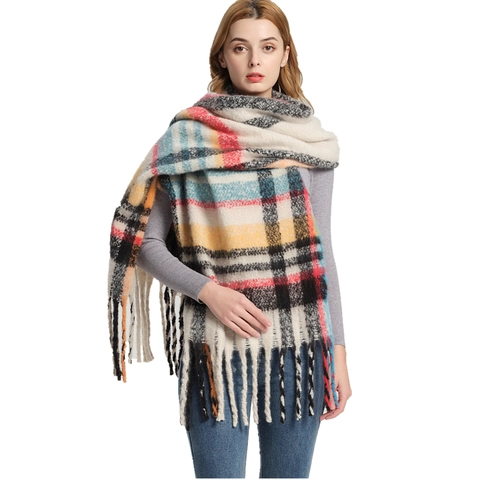 Winter Large Plaid Scarf Shawl For Women Thick Polyester Slub Yarn Warm Tassel Fringe Classic Oversized