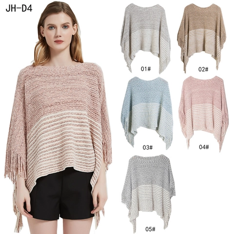 Poncho en Tricot pour Femmes avec Glands Cape à Rayures Pullover Manches Chauve-souris Châle d'Hiver Chaud Pull