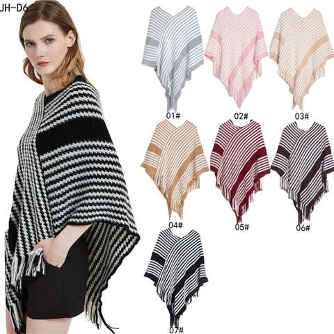 Poncho In Maglia Da Donna Motivo Pied-de-Poule A Righe Frange Nappe Scollo A V Maniche A Pipistrello Invernale