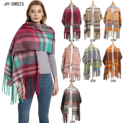 Γυναικείο Χειμερινό Χοντρό Καρό Κασκόλ Faux Mohair Νήμα Μπουκλέ Μεγάλο Ζεστό Σάλι Με Φούντες Μαλακό Oversized Wrap
