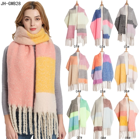 Dames Verdikte Kleurblok Sjaal Imitatie Mohair Bouclé Garen Omslagdoek Met Kwasten Warm Zacht Winter Lange Sjaal Voor Reizen
