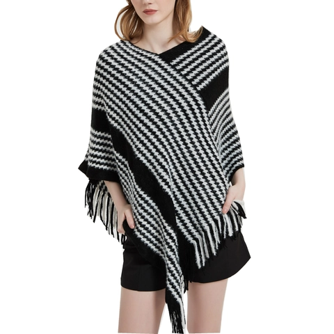 Poncho In Maglia Da Donna Motivo Pied-de-Poule A Righe Frange Nappe Scollo A V Maniche A Pipistrello Invernale