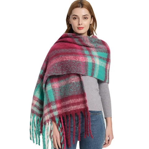 Γυναικείο Χειμερινό Χοντρό Καρό Κασκόλ Faux Mohair Νήμα Μπουκλέ Μεγάλο Ζεστό Σάλι Με Φούντες Μαλακό Oversized Wrap