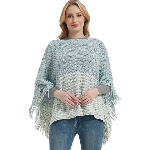 Poncho en Tricot pour Femmes avec Glands Cape à Rayures Pullover Manches Chauve-souris Châle d'Hiver Chaud Pull