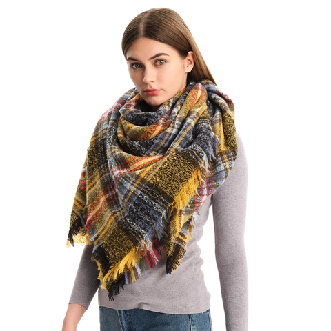 Warm Plaid Tassel Scarf Shawl Thick Acrylic Square Scarf For Women Men Winter Fashion Loop Yarn Check Wrap