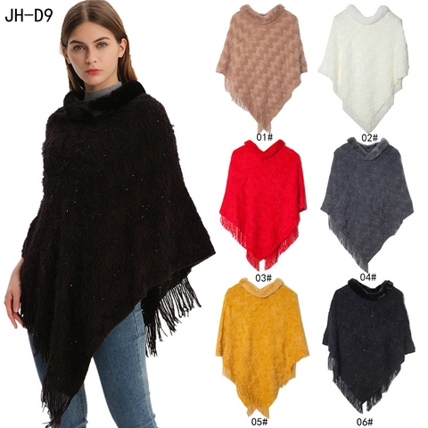 Women Knitted Poncho Shawl With Faux Fur Collar Sequin Embellishment Tassel Hem Winter Warm Loose Cape Outerwear