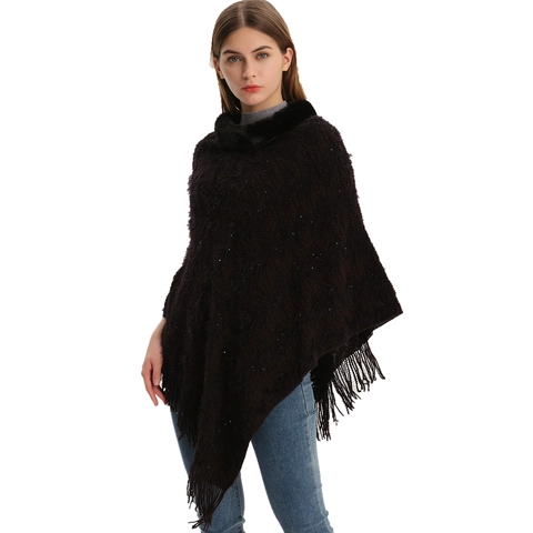 Women Knitted Poncho Shawl With Faux Fur Collar Sequin Embellishment Tassel Hem Winter Warm Loose Cape Outerwear