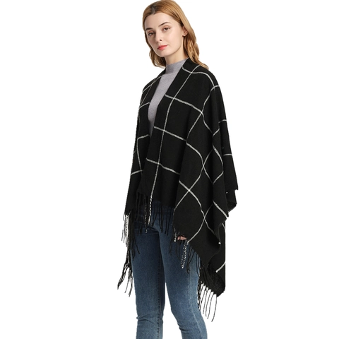 Châle Poncho Femme Tricot À Carreaux Gland Surdimensionné Ouvert Devant Cape Hiver Chaud Doux Acrylique Streetwear