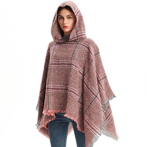 Women's Hooded Plaid Poncho Scarf With Tassels Soft Boucle Yarn Knitted Cape Shawl For Winter Autumn Warm Wrap