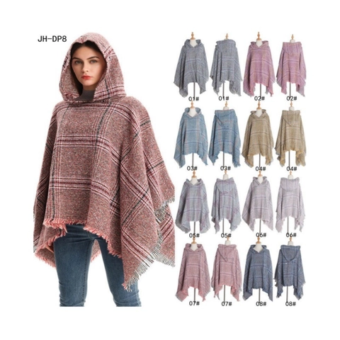 Women's Hooded Plaid Poncho Scarf With Tassels Soft Boucle Yarn Knitted Cape Shawl For Winter Autumn Warm Wrap