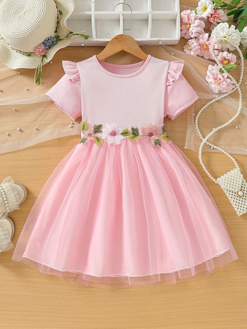 Girls Sweet Pink Princess Dress Short Sleeve Ruffle Ribbed Knit Top Floral Embroidery Mesh Tulle Skirt Summer Casual Dress