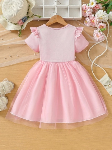 Girls Sweet Pink Princess Dress Short Sleeve Ruffle Ribbed Knit Top Floral Embroidery Mesh Tulle Skirt Summer Casual Dress