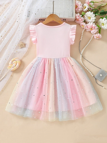 Girls Summer Short Sleeve Rainbow Gradient Tulle Princess Dress With Satin Bow Star Moon Sequins Pink Cotton Party Dress