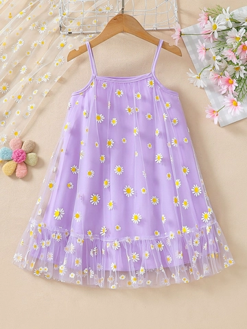 Girls Camisole Mesh Dress Daisy Print Sleeveless Sweet Princess Style Summer Ruffle Hem Cotton Lining Pastoral