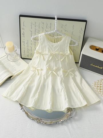Girls Sleeveless Cotton Blend Princess Dress Light Yellow Crinkled Texture Bow Decoration Sweet Summer Dress