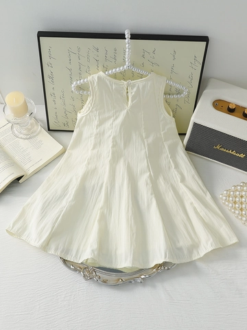 Girls Sleeveless Cotton Blend Princess Dress Light Yellow Crinkled Texture Bow Decoration Sweet Summer Dress