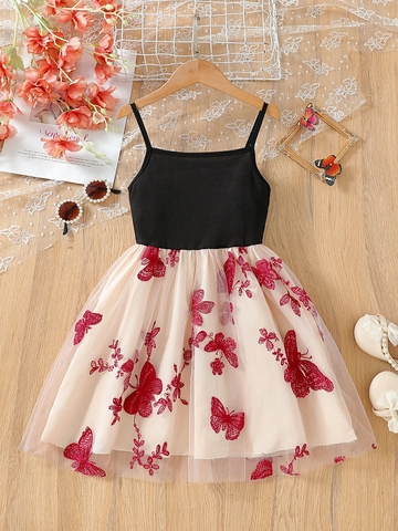 Girls Suspender Spliced Dress Polyester Cotton Blend Ribbed Top Tulle Mesh Skirt Butterfly Embroidery Sweet Princess Kids Dress