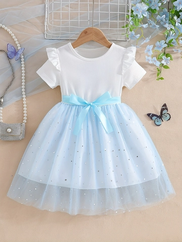 Girls Short Sleeve Princess Dress Cotton Ribbed Tulle Patchwork With Bow Knot Silver Star Moon Sequin Summer