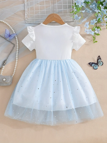 Girls Short Sleeve Princess Dress Cotton Ribbed Tulle Patchwork With Bow Knot Silver Star Moon Sequin Summer