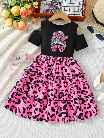 Girls Summer Cold Shoulder Patchwork Tiered Dress Black Ribbed Top Pink Leopard Print Mesh Cake Skirt Princess Party Gowns