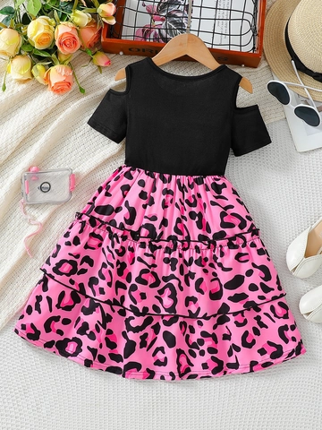 Girls Summer Cold Shoulder Patchwork Tiered Dress Black Ribbed Top Pink Leopard Print Mesh Cake Skirt Princess Party Gowns