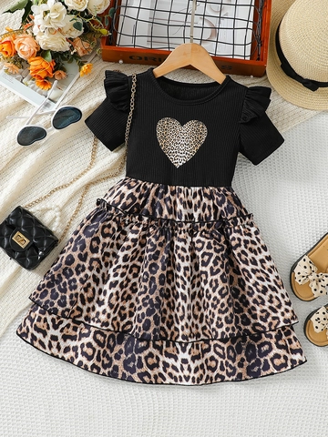 Vestido Niña Manga Corta Volantes Estampado Leopardo Falda Con Volantes Punto Canalé Parche Corazón Verano