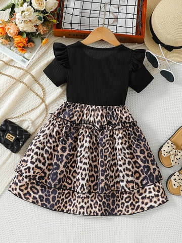 Vestido Niña Manga Corta Volantes Estampado Leopardo Falda Con Volantes Punto Canalé Parche Corazón Verano