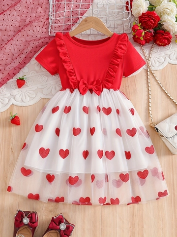 Mädchen Kurzarm Prinzessinnenkleid Rot Weiß Patchwork Herz Pailletten Tüllrock Mit Schleife Für Kleinkinder Und Kleine Mädchen